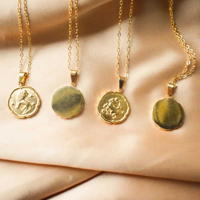 12 Constellation Flower Shape Design Pendant Necklace Stainless Steel Gold Plated Necklace M251216