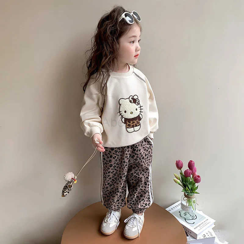 Sanrio Hello Kitty Girls Spring/autumn Set New Trendy Stylish Towel Embroidery Leopard Print Baby Cute Spring Sports Sweatshirt H251216