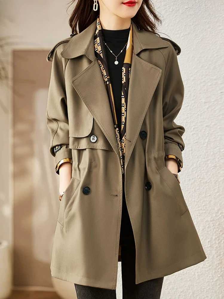 Casual Double Breasted Mid-length Trench Jacket Korean Loose Drawstring Women Windbreaker Spring Chic CoatsT251216