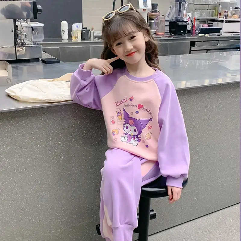 Sanrio Anime Cartoon Kawaii Girls Color Combination Suit Kuromi Spring and Autumn New Sweatshirt Trousers Sportswear Soft Sweet H251216