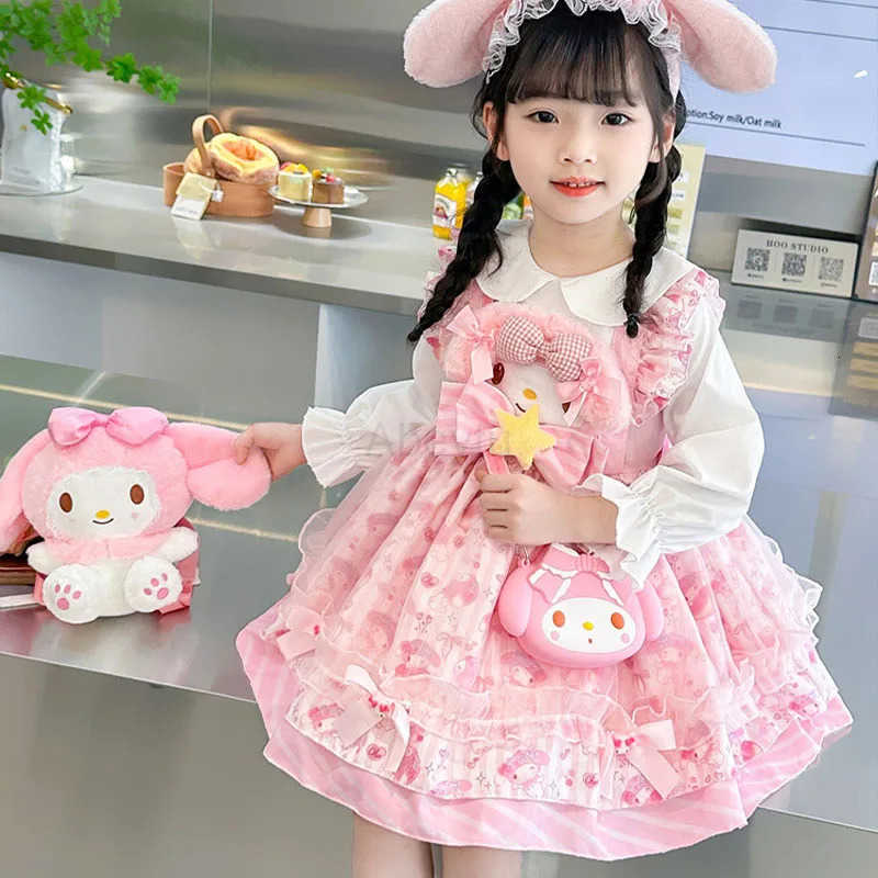Sanrio Anime My Melody Lolita Princess Dress Girl Bow Decoration Party Dress Ruffled Tutu Skirt kids Layered Dress Ball Gown gift H251216
