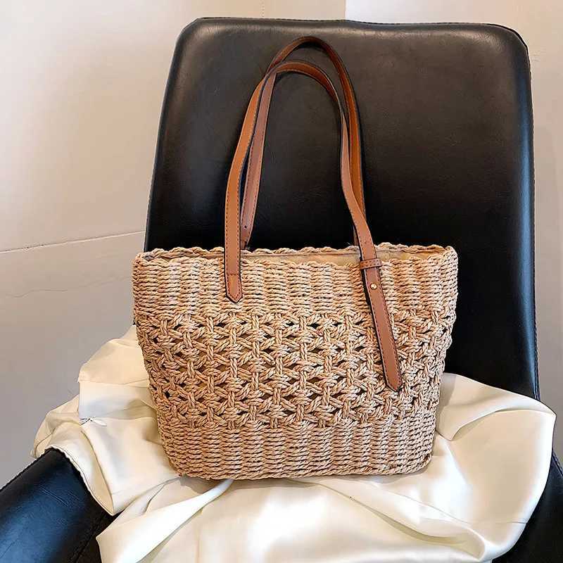 Solid Color Large Capacity Womens Beach Vacation Bag Top Handle Grass Woven Tote Bag Summer Basket Handbag M251216