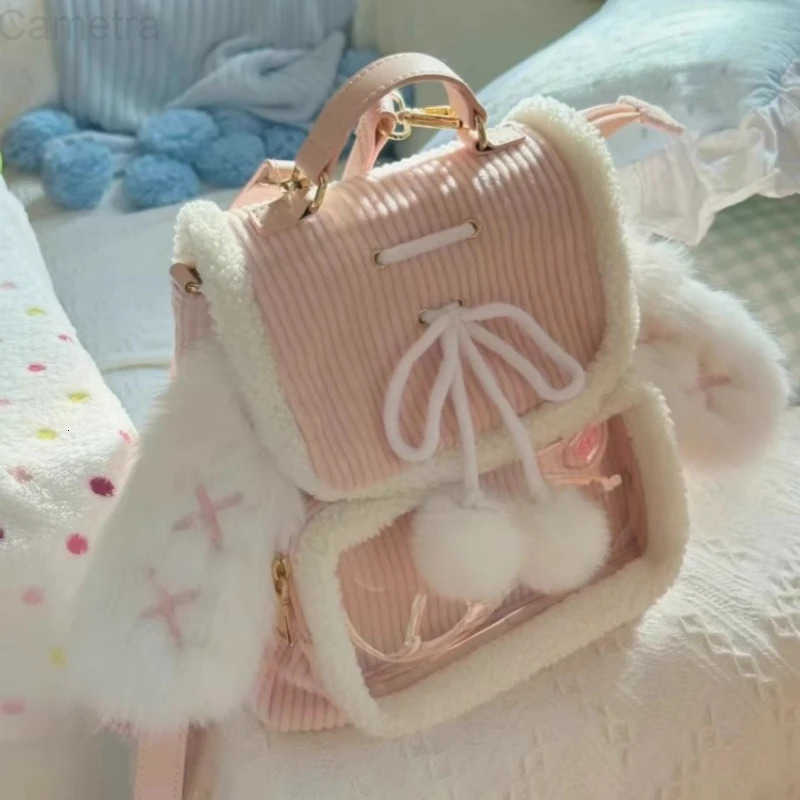 Sanrio Korean Patchwork Fluffy Ears Transparent Ita Bags Casual Simple Kawaii Cute Schoolbags Sweet Y2k Girls Fashion Backpacks Women H2512161