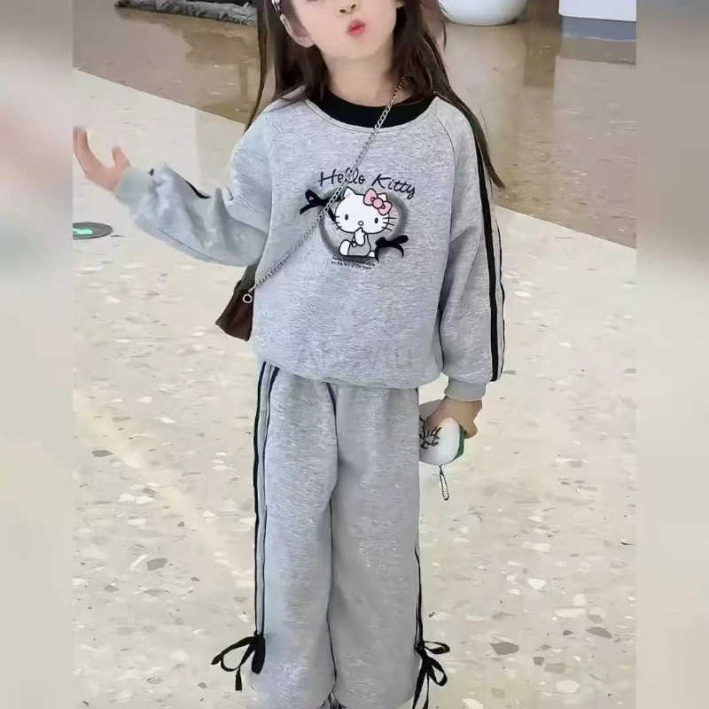 Sanrio Baby Girl Clothes Set Autumn Kid Hello Kitty Sweatshirts Pullover Bow Top Striped Pants 2pcs Suit Children Tracksuits Outfits H251216