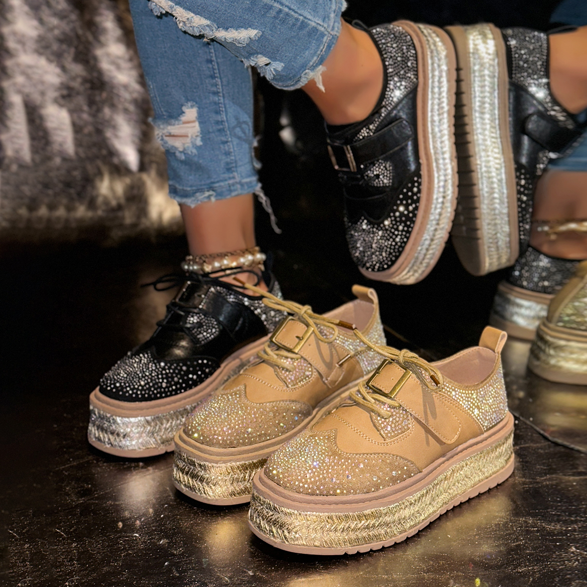 Women Luxury Sneakers Outdoor Platform Female Sneakers Women Fashion Luxury Rhinestone Ladies Shoes Hemp Sole Height Increasing Women's Shoes Zap