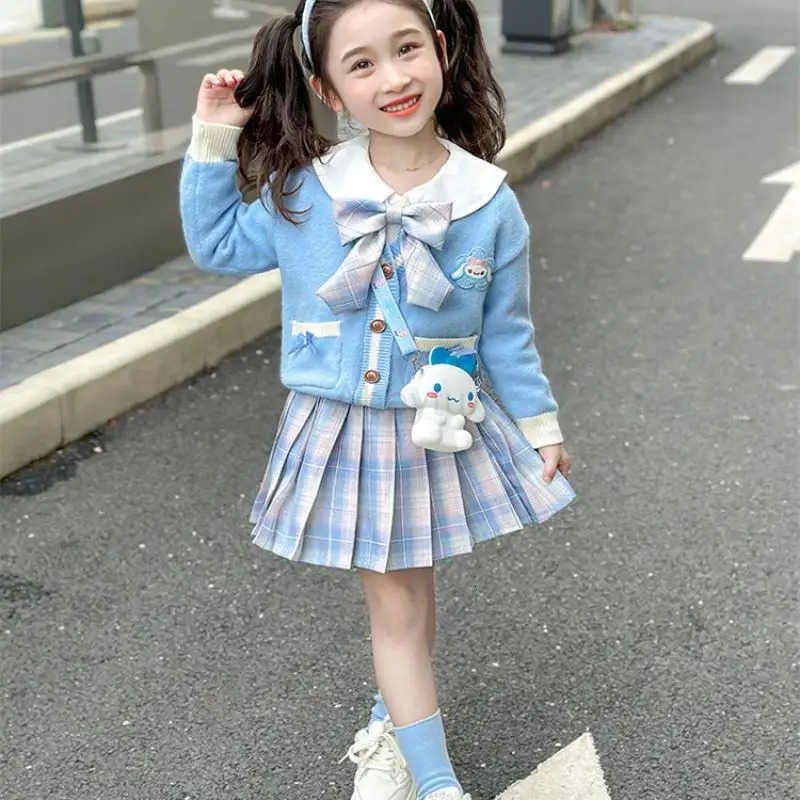 Sanrio Hot Girl Dress Set Cinnamoroll Kawaii Anime Fashion Student Casual Sweater Shirt Skirt 3-Piece Set Children Clothing New H251216