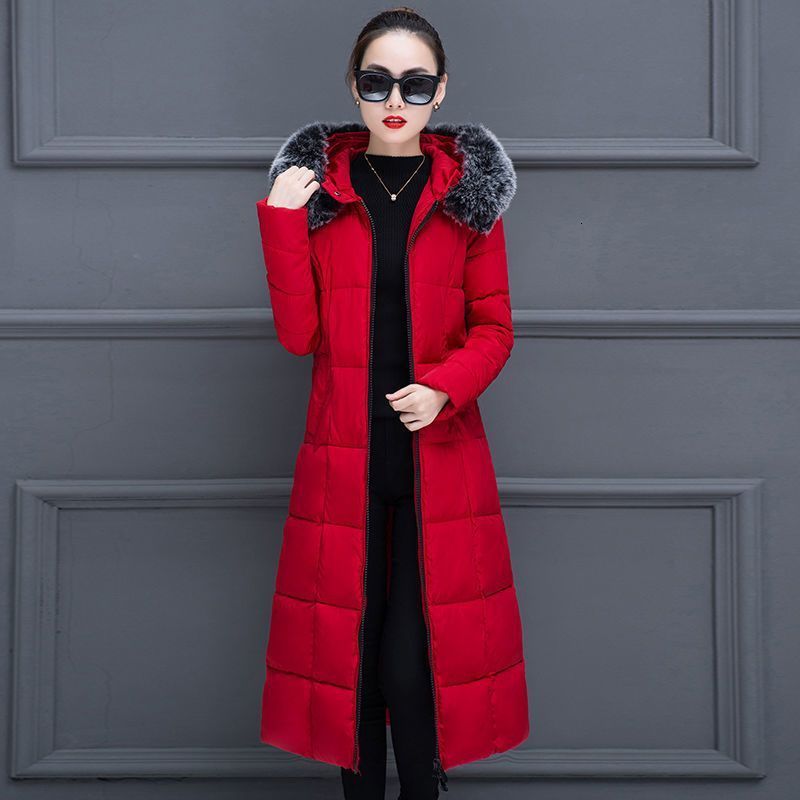 2025 Korean Style Cotton Jacket for Women Winter Long OvertheKnee Thick Slim Fit Large Fur Collar Warm Down Cotton Jacket 210923