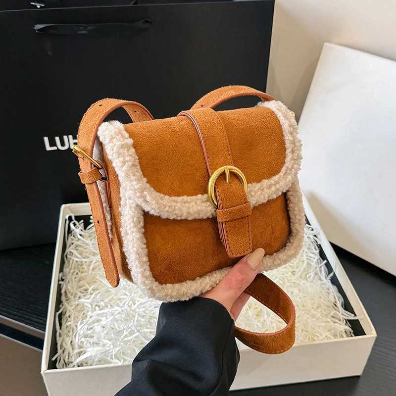 Autumn Winter Plush Bag Womens Korean Small Square Handbags New Suede Lamb Wool Patchwork Shoulder Crossbody Bags M251216