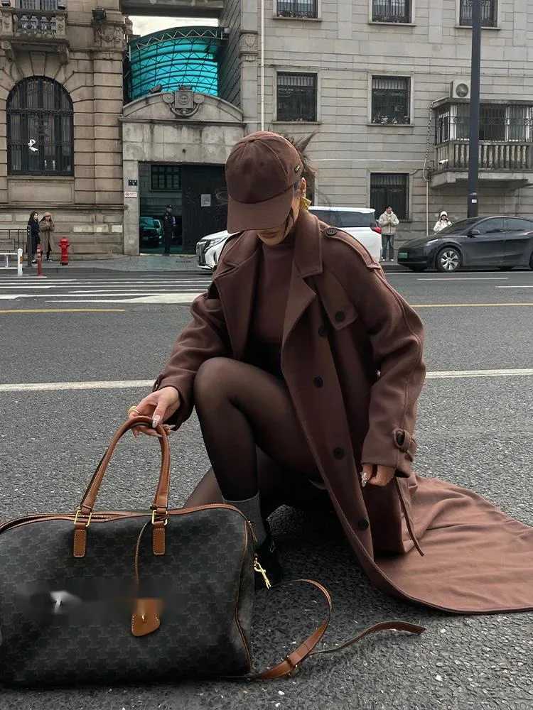 V-neck Double Breasted Temperament Windbreaker Woolen Coat Womens Winter New Loose Casual Long Coat Trench Brown Tops LS1XT251216