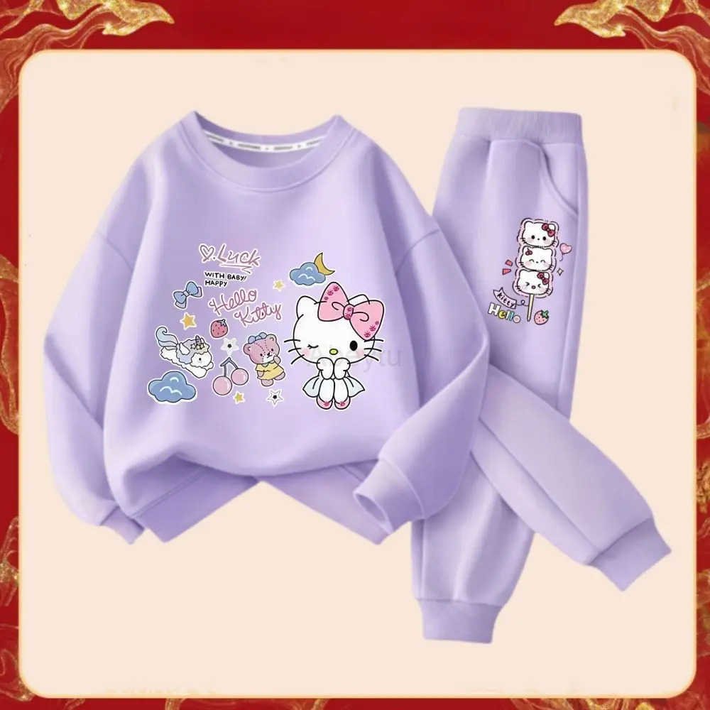 Sanrio Spring Autumn Girls Fashion Clothes Sets Kids Cartoon Hello Kitty Print Sweater Pullover Tops Pants 2Pcs Outfit Tracksuit H251216