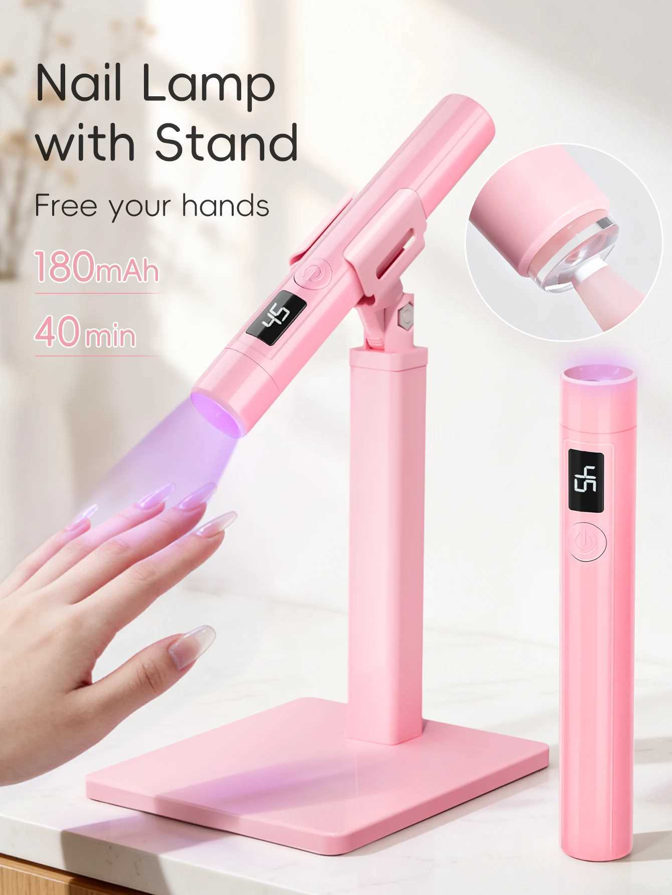 1Pc Pink Handheld Manicure Word Lamp with Screen Display Bracket 360 Degrees Rotary Multifunctional Rack Stick Nail Tip HeatingT251216