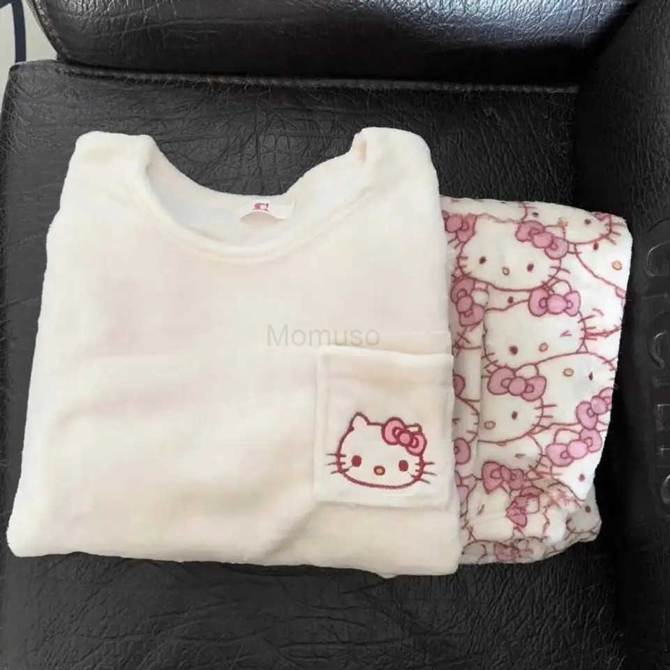 Sanrio Japanese Cute Pajama Suit Hello Kitty Kuromi Pochacco Cartoon Household Suit Winter Flannel Velvet Thicken Pajamas H2512161