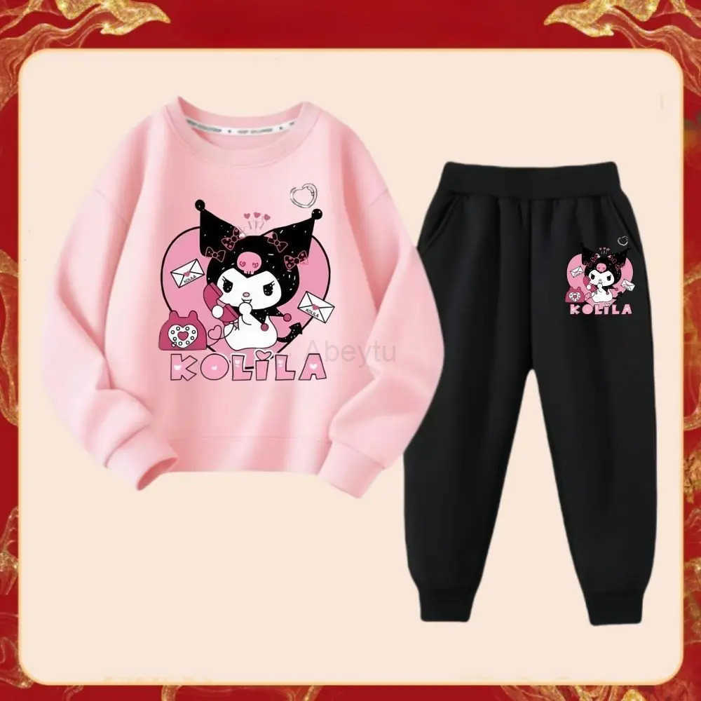 Sanrio Spring Autumn Childrens Clothes Sets Kids Cartoon Kuromi Sweater Pullover Tops Pants 2Pcs Letter Outfit Tracksuit H251216