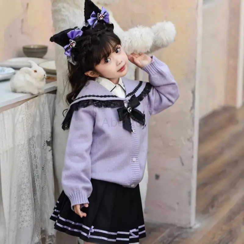 Sanrio Girl Dress Kuromi Kawaii Anime Fashion Autumn Student Long Sleeves Sweater Shirt Pleated Skirt Childrens clothing new H251216