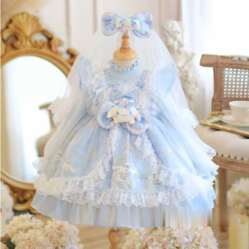 Sanrio Anime Cinnamoroll Girl Lolita Princess Dress with Lace Fluffy Skirt Bow Decoration Layered Ball Gown for Kids Festival Party H251216
