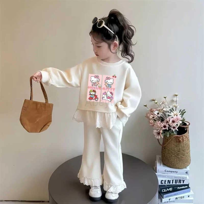 Sanrio Autumn Baby Girls Clothes Sets Lace Decoration Kid Hello Kitty Girls Sweatshirts Pullover TopPants 2pcs Cute Tracksuits Outfits H251216