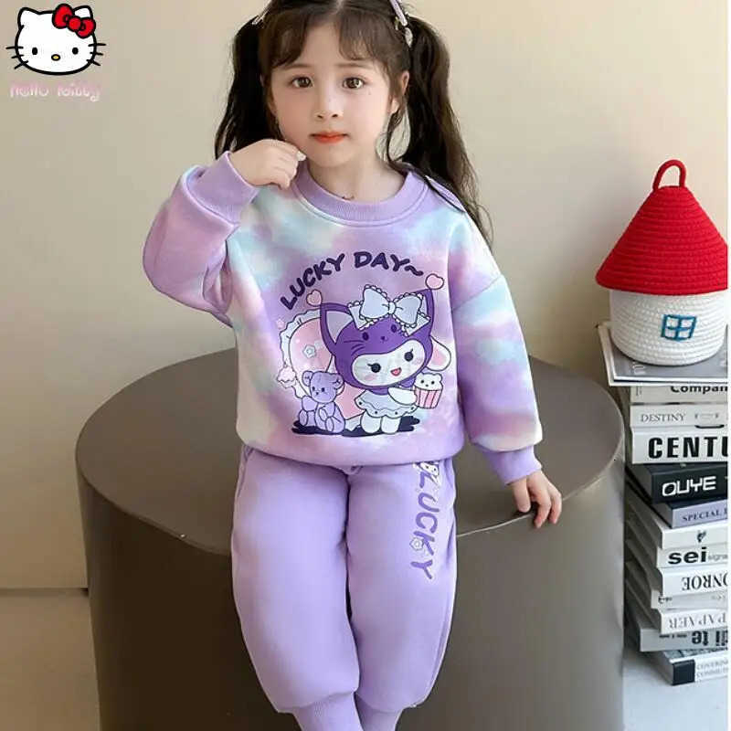 Sanrio 2Pcs Anime Girls Pullover Spring Autumn New Kuromi Kawaii Cartoon Child Long Sleeved Sweet Fashion Sweatshirt Sweatpants H251216