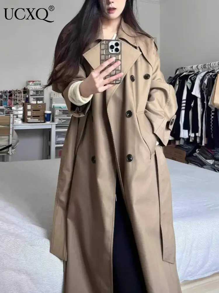 UCXQ Classic Solid Color Trench Female Turn Down Collar Double Breasted Lace Up Windbreaker 2025 Autumn New Tide 23Z3232T251216