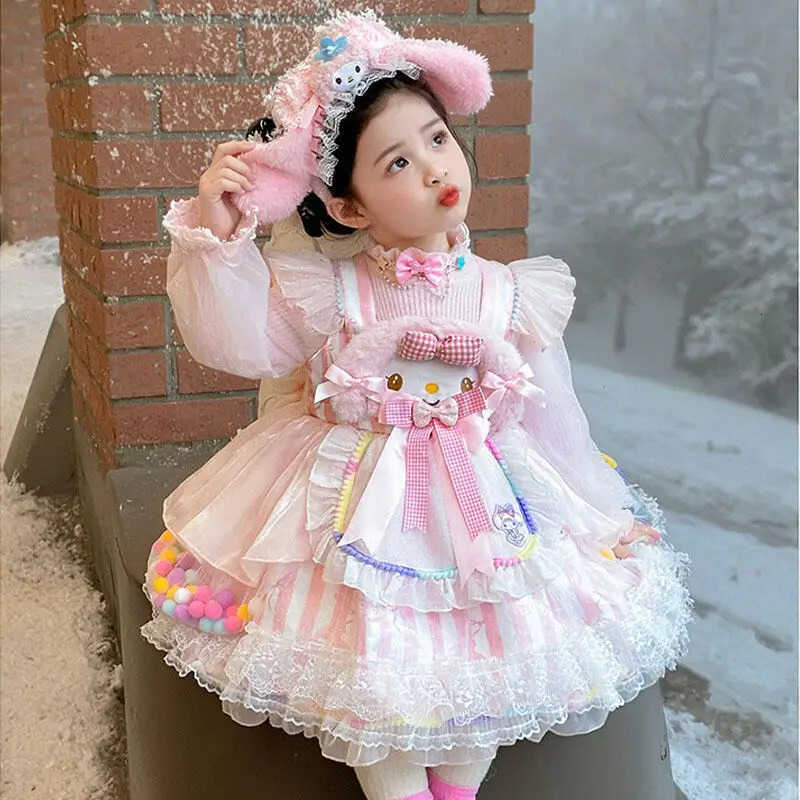 Sanrio My Melody Autumn Cartoon Girl Lolita Princess Dress Sweet Cute Comfortable Keep Warm Sweater Puff Skirt Mesh Dress Birthday Gift H251216