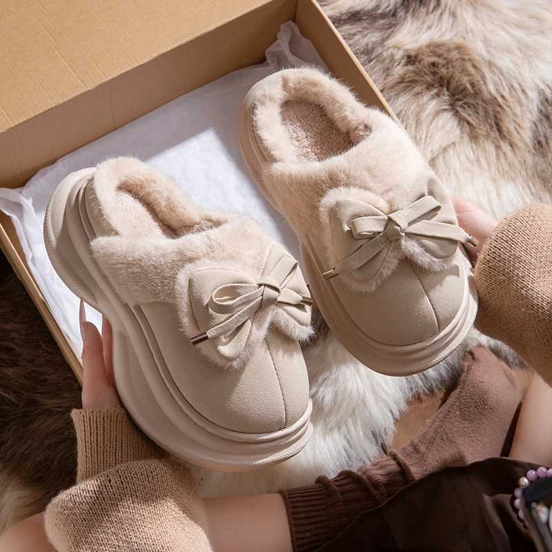 Bow Fluffy Womens Slippers Home Winter Plush Luxury Designer Woman Shoes Wedges Platform Fuzzy Fur Slides Fashion Soft Sole Z251216