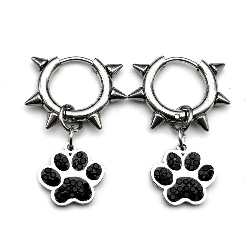 Dark Punk Dog Paw Rivet Earrings For Women Men Stainless Steel Silver Color Gothic Punk Trendy Hoop Ear Rings Jewelry Gifts G251216