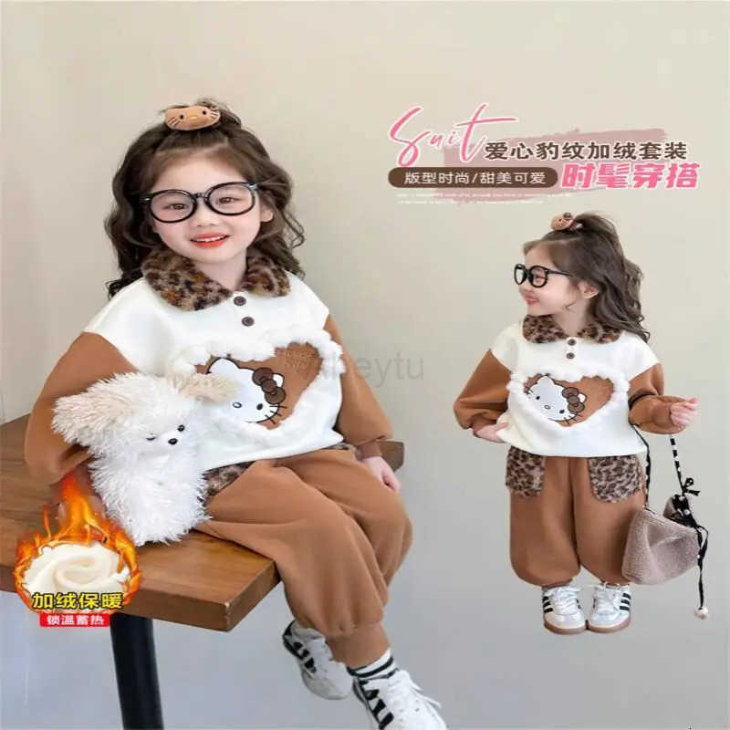 Sanrio Hello Kitty Homewear Set Love Small Girls Elegant Autumn Winter Girls Velvet Set Casual Children Cartoon Leopard Print H251216