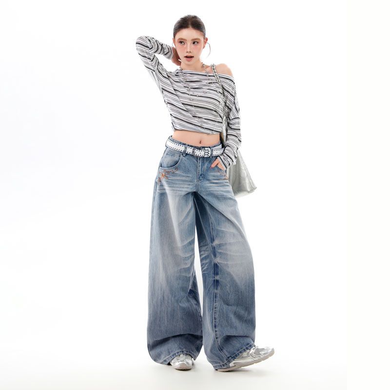 Retro heavy industry cat whiskers design, gradient lightning pattern bamboo joint fabric, loose and slimming straight-leg wide-leg pants----955#