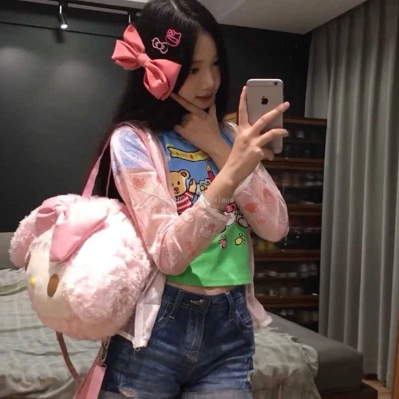 Sanrio 2024 My Melody Tote Bag Sweet Kawaii Girl Shoulder Bag Cartoon Cute Plush Student Backpack Pink Large Capacity Handbag H251216