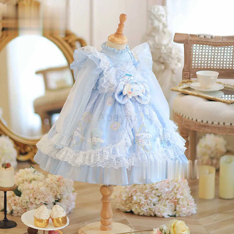 Sanrio Anime Cinnamoroll Girl Lolita Princess Dress with Lace Fluffy Skirt Bow Decoration Layered Ball Gown for Kids Festival Party H251216
