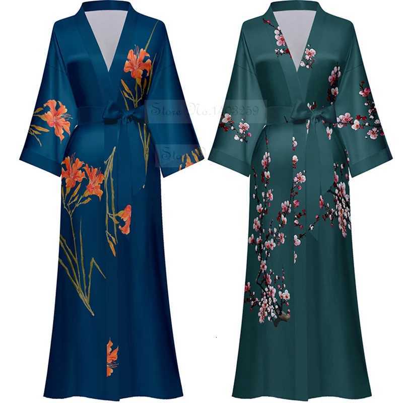 Print Flower Long Kimono Bathrobe Gown Sexy Women Half Sleeve Wedding Robe Nightgown Spring Summer Rayon Home Dress Sleepwear C251216