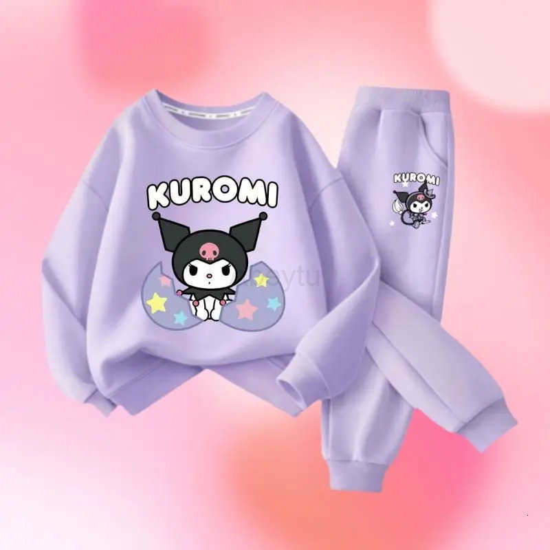 Sanrio Girls Cartoon Kuromi Print Long Sleeved T-shirts and Solid Color Pant 2Pcs Childrens Fashion Sweatshirt Sweatpants Set Wear H251216