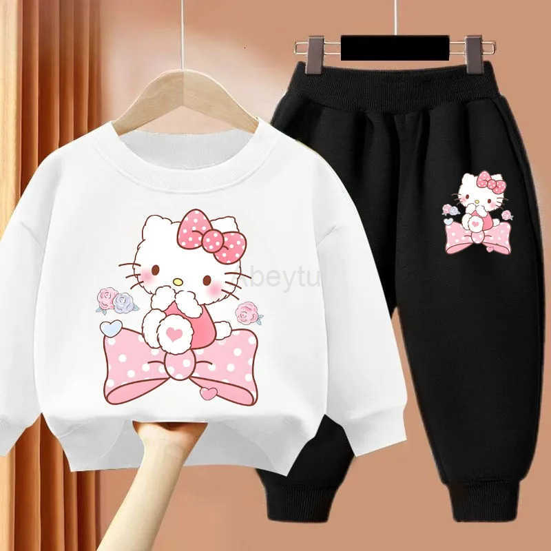 Sanrio Kitty Printed Girls Pullover and Long Pant Two Piece Sets Spring New Childrens Casual Sport Clothing Set Kids Casual Sweatsuit H251216