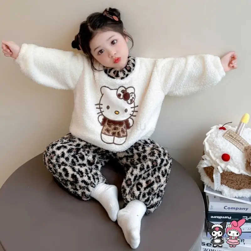 Sanrio Girl Loungewear Set Hello Kitty Anime Kawaii Loose Round Neck Thickening Winter Flannel Leopard Print Children Clothing H251216
