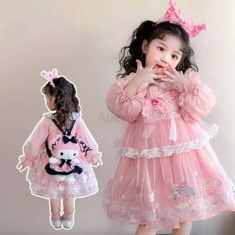 Sanrio Anime Melody Girls Lolita Dress Vintage Lace Party Dress for Kids Ruffled Princess Costume Yarn Skirt Birthday Holiday Gifts H251216