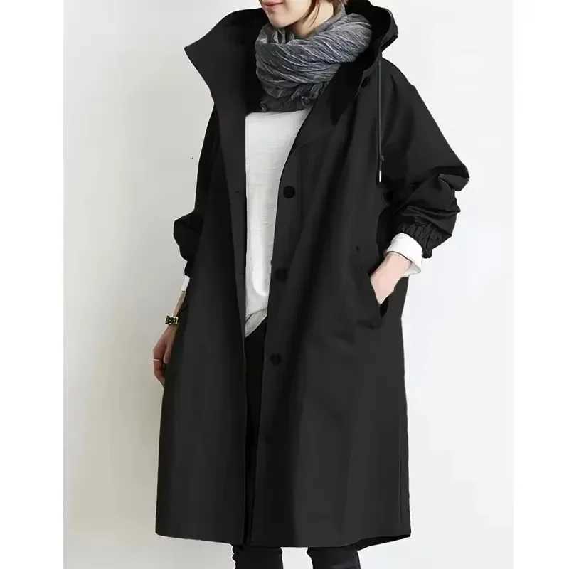 Plus Size Hooded Trench Coat Classic Fashion Loose Womens Windbreaker Coat Khaki Black Casual TopsT251216