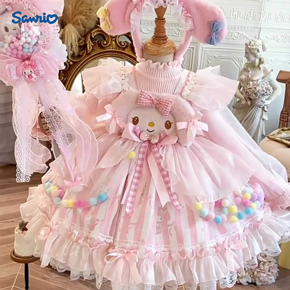 Sanrio Winter Kawaii Children Sweater Dress Anime Plush Warm Cartoon Princess Blue Lolita Dress Cute Birthday Party Cosplay Dress Gift H251216