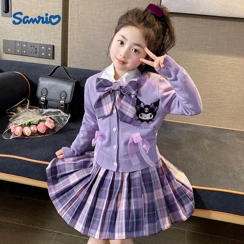 Sanrio 3Pcs Y2K Kuromi Hello Kitty Girls Clothing Cardigan Jk Plaid Skirt Highquality Shirt Sweater Springautumn Teen College Set H251216