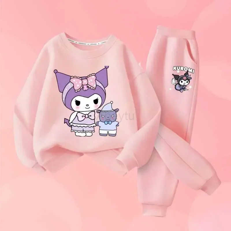 Sanrio Childrens Kuromi Print Spring Autumn Clothes Sets Kids Kawaii Sweatershirts Pullover Tops Pants 2Pcs Outfit Tracksuit H2512161
