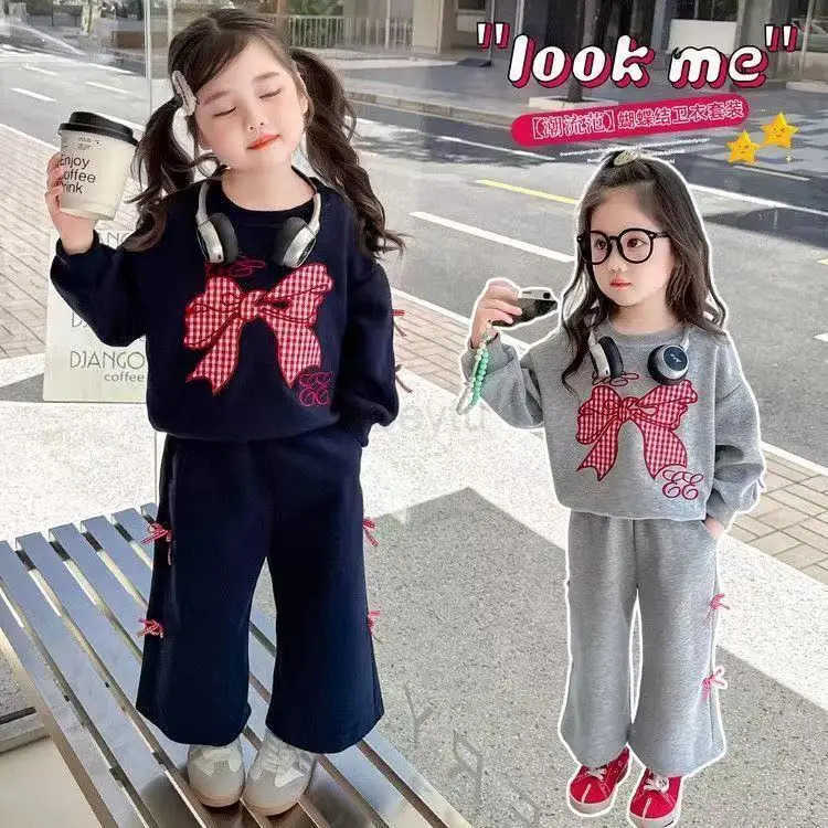 Sanrio 2025 Children Cotton Lace Bow Long Sleeve Sweatshirt Suit Girls Casual Sport Loose Tracksuit Outfits Kids Spring Autumn Clothes H251216