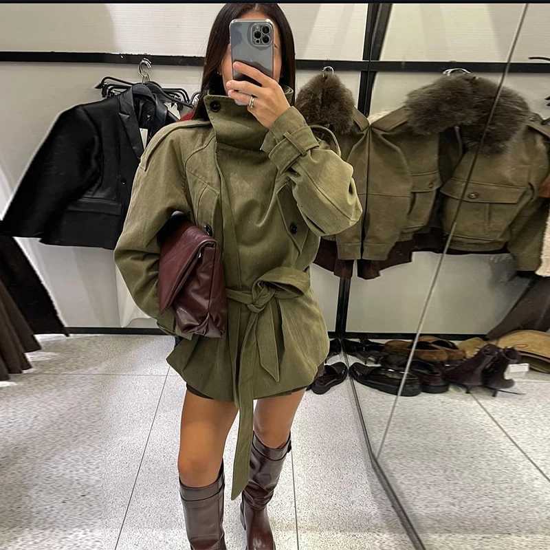 Elegant Loose Trench Coat Casual Chic Stand-up collar Long Sleeve With Belt Coats 2025 New Lady Autumn Winter StreetwearT251216
