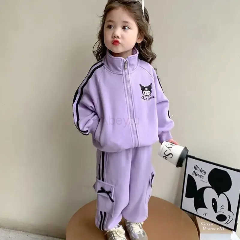 Sanrio Anime Cartoon Kawaii Girls Sweatshirt Suit Kuromi Spring and Autumn New Long Sleeve Trousers Solid Color Casual Cardigan H251216