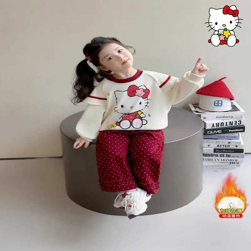 Sanrio Hello Kitty Girls Loungewear Set Kawaii Y2K Anime Childrens Clothing Clothes Autumn Winter Sweatsuit Kids Parka Snowsuit H251216