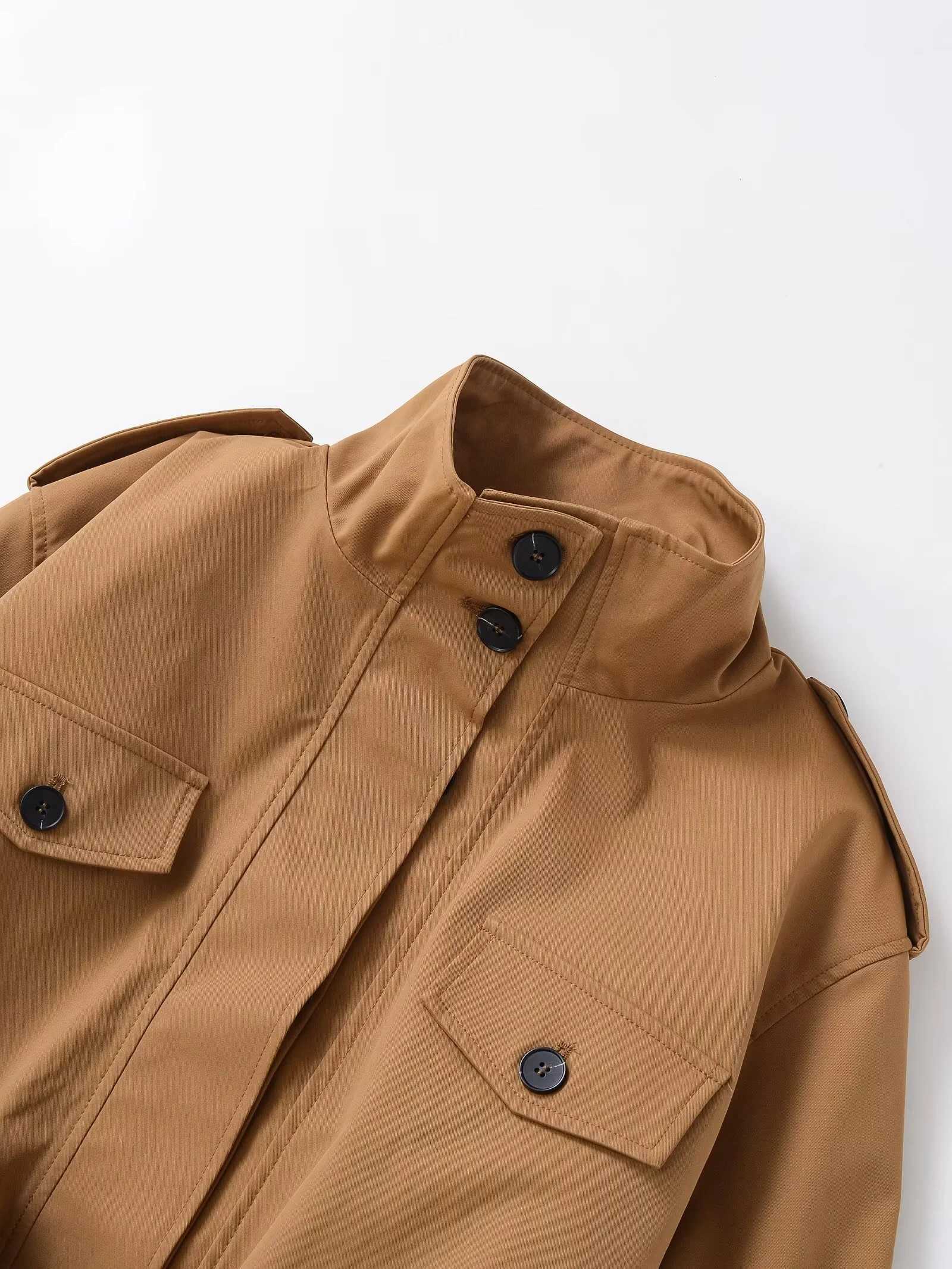 2025 Winter New Womens Casual Fashion Simple Style Stand Collar Long Sleeve Short Trench Coat with Belt and ButtonsT251216