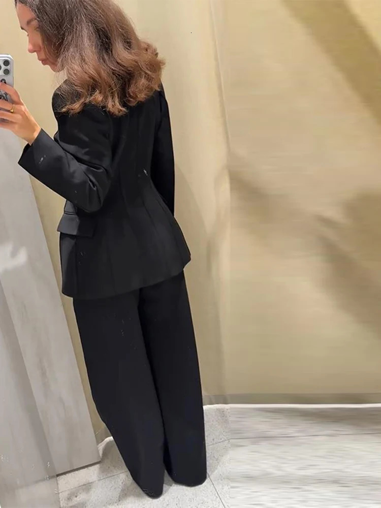 Casual Black Blazer Pants Set Women Full Sleeve Button Closed Waist Long Straight Solid Pant Sets Female 2026 Spring Lady Suits 251215