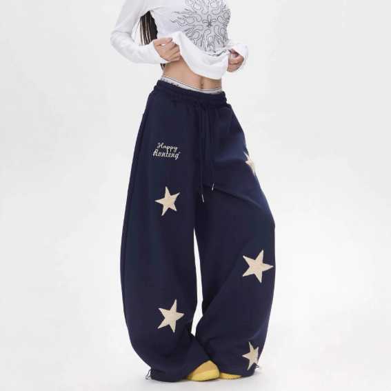 Retro Star Embroidery Patchwork Sports Street Dance Pants for Women, Loose Lazy Style Slimming Wide-leg Jazz Dance Blade Pants C251216