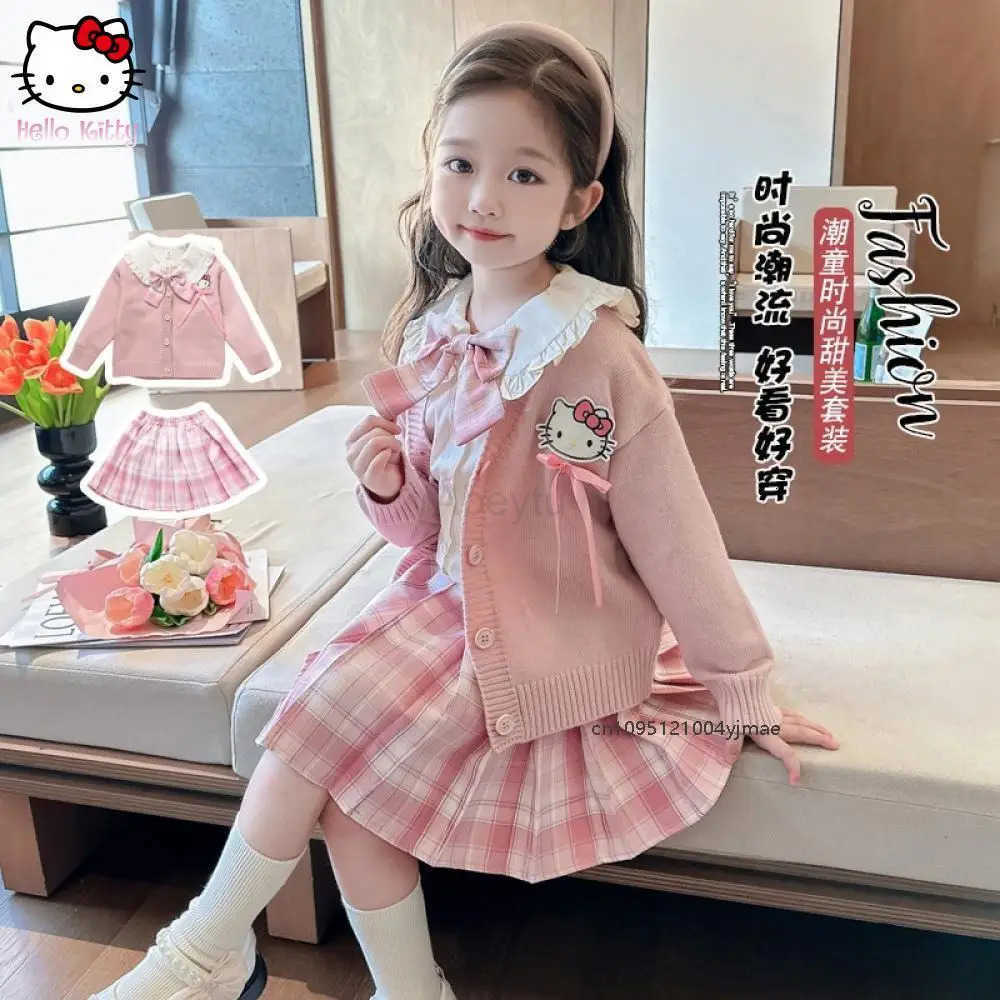 Sanrio 3Pcs Girls Jk Pleated Skirt Set Cardiganr Sweater Shirt Tie Uniform Hello Kitty Kuromi Sanrios Kids Fashion Autumn College Set H251216