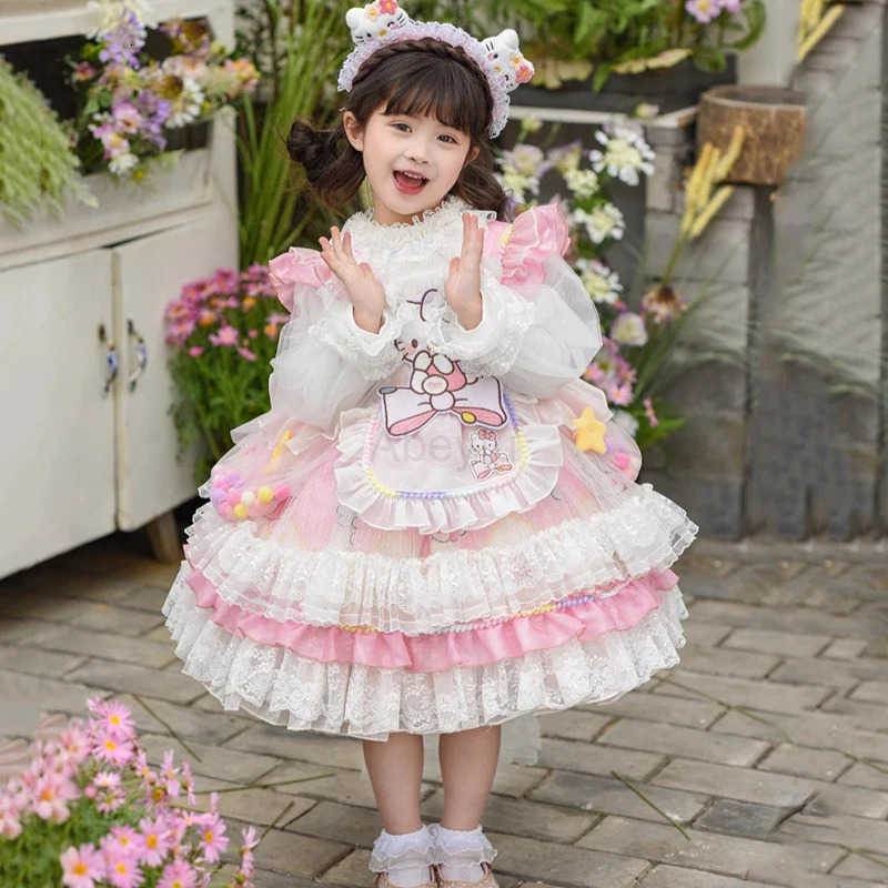 Sanrio Hello Kitty Premium Cotton Girls Lolita Dress with Embroidery Princess Skirt Puffy Skirt Summer Spring Anime Festival Gift H251216