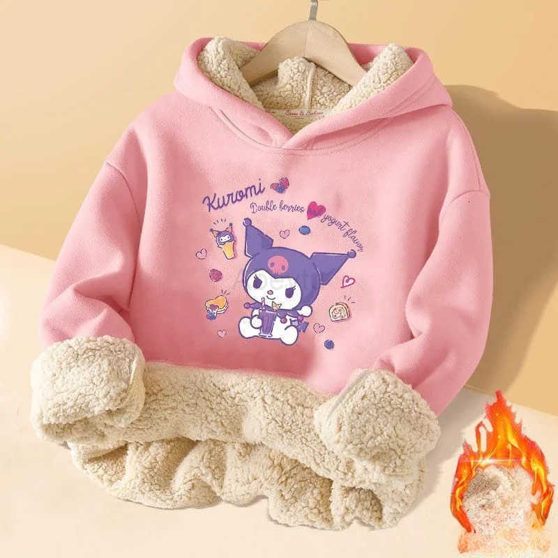 Sanrio Kuromi Plush Warm Childrens Clothing Set for Girls Thicken Fleece Lined Sweatshirt Pants 2 Pcs Suit Winter Tracksuit H251216