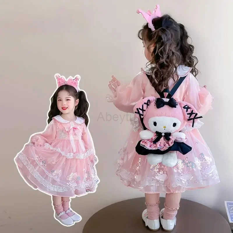 Sanrio Anime Melody Girls Lolita Dress Vintage Lace Party Dress for Kids Ruffled Princess Costume Yarn Skirt Birthday Holiday Gifts H251216