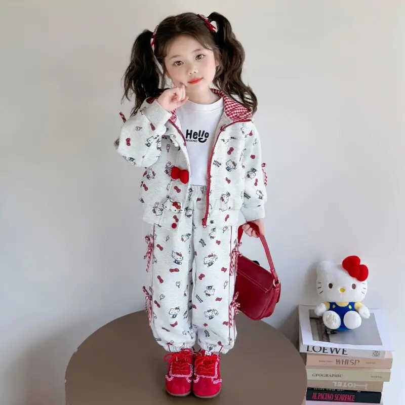 Sanrio 2Pcs Hot Hello Kitty 2025 Korean Version Girls Autumn Coatt New Childrens Cartoon Skin Friendly Hooded Casual Clothe H251216